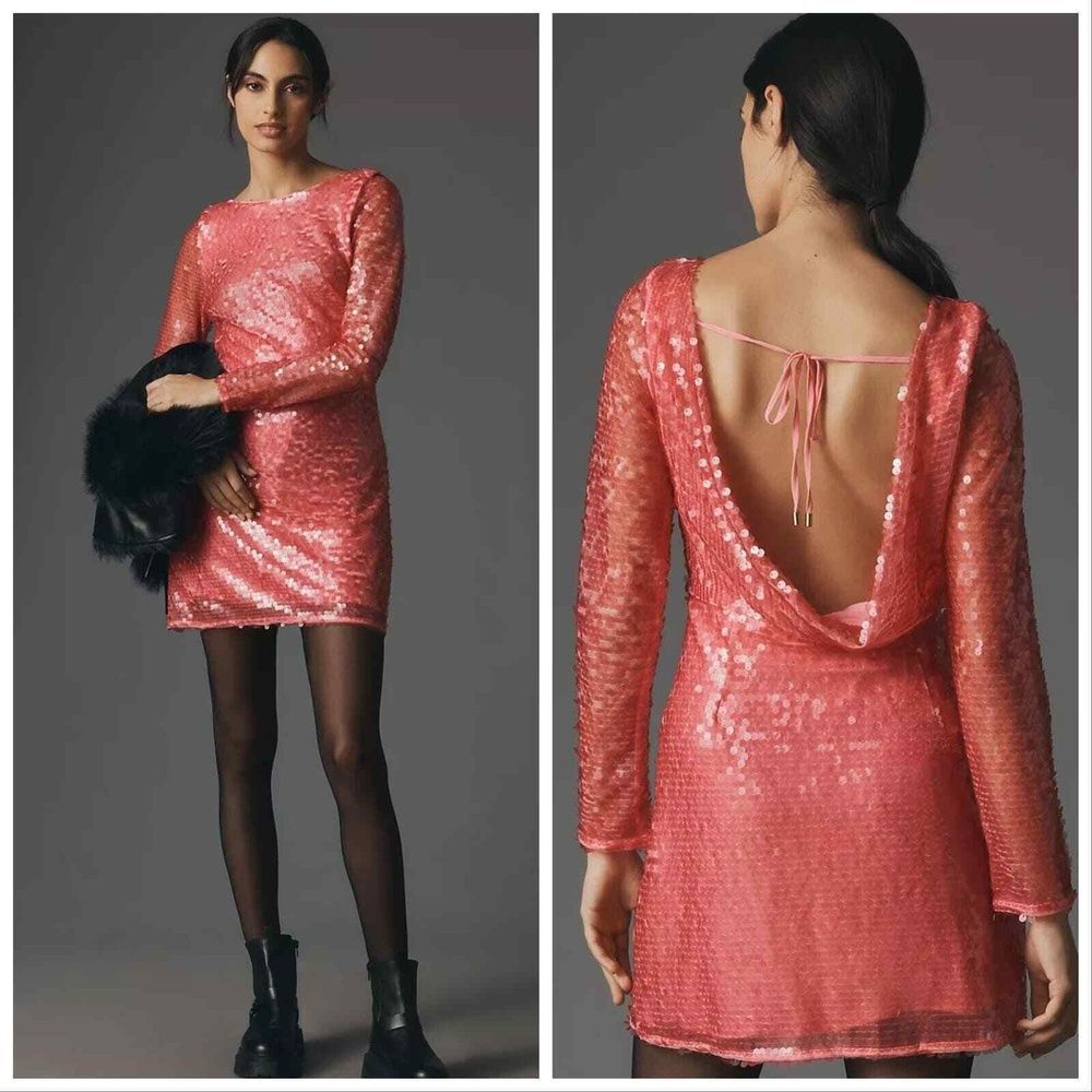 Anthropologie Mini Dress 2 Sequin Drape Open Back Party Bridal Cocktail Pink